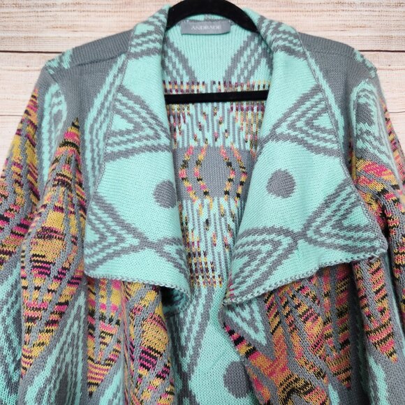 Andrade Open Cardigan Jacket Women's One Size Teal Aztec Print Cotton Polyester - Picture 2 of 14